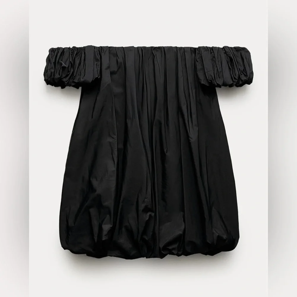 NWT ZARA Off Shoulder TAFFETA Black Mini Dress Balloon Dress Small With Lining - Picture 6 of 11